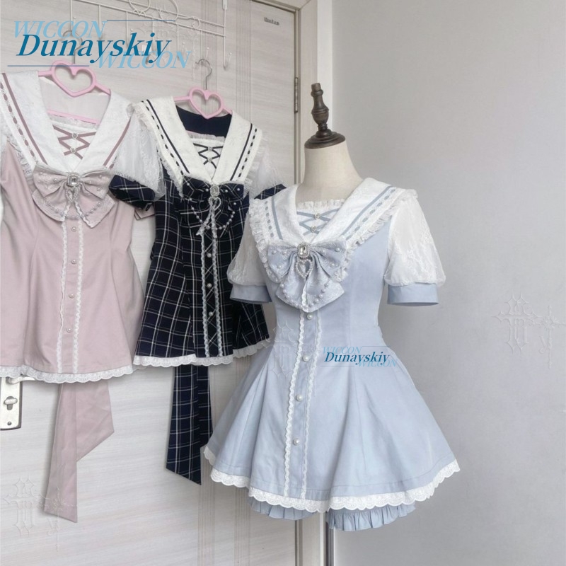 Summer Clothing Offers - Sailor Collar Dress Set Lace Bow