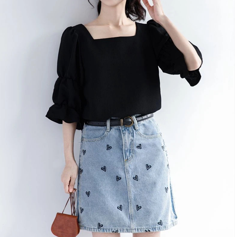 Pleated Short Sleeve Solid Kor - Summer Youth Clothing 评论和价格